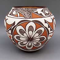 Polychrome jar with deer with heart line, bird, floral medallion, fine line, and geometric design
 by Jennie Laate of Zuni