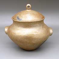 Micaceous gold lidded bean pot with handles and fire clouds
 by Anthony Durand of Picuris