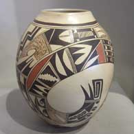 Polychrome jar with bird element and geometric design, plus fire clouds
 by Stella Huma of Hopi