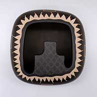 Sienna bowl with a square-shaped body, a distinctive kiva step geometric cut opening, and a four-panel sgraffito pueblo, mountain, hill, fish, and geometric design
 by Jody Naranjo of Santa Clara