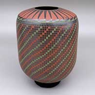 Polychrome jar with a cylindrical shape and a cuadrillos and geometric design
 by Efrain Lucero of Mata Ortiz and Casas Grandes