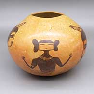 A black-on-red jar with an organic opening, fire clouds, and a painted katsina design
 by Randall Sahmie Nahto of Hopi