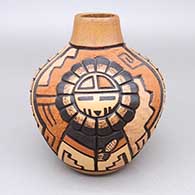 Polychrome jar with a lightly carved and painted dancer, feather ring, ladder, and geometric design
 by Carla Nampeyo of Hopi
