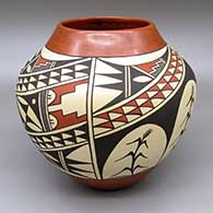 Polychrome jar with a four-panel cornstalk, kiva step, and geometric design on side, and a painted lightning bolt detail on inside
 by Juanita Fragua of Jemez