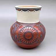 Polychrome jar with a flared opening and a feather ring, kiva step, raincloud, and geometric design
 by Minnie Vigil of Santa Clara