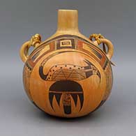 Polychrome canteen with bird and geometric design, fire clouds, and leather strap, click or tap to see a larger version