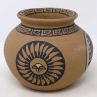 Polychrome Pojoaque-style jar with medallion and geometric design
 by Minnie Vigil of Santa Clara