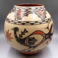 Polychrome jar with a 2-panel bird, plant, flower and geometric design
 by Ambrose Atencio of Santo Domingo