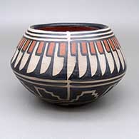 Polychrome jar with a feather ring, kiva step, and geometric design
 by Robert Tenorio of Santo Domingo