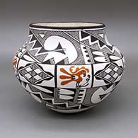 Polychrome jar with a painted parrot, flower, checkerboard, fine line, and geometric design
 by Grace Chino of Acoma