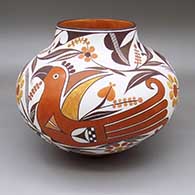 Polychrome jar with a three-panel painted parrot, flower, berry, and geometric design
 by Shyatesa White Dove of Acoma