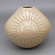 Buff jar with a sgraffito cornstalk, feather ring, kiva step, and geometric design
 by Alvina Yepa of Jemez