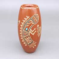 Polychrome jar with a two-panel sgraffito-and-painted male yeibichai, geometric design and inlaid turquoise stone details
 by Glendora Fragua of Jemez