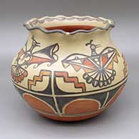 Polychrome jar with a pie crust opening, a four-panel bird, kiva step, and geometric design, and a sgraffito hand and spiral detail on inside
 by Robert Tenorio of Santo Domingo