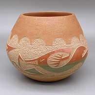 Polychrome jar with micaceous slip details and a sgraffito avanyu and geometric design
 by Jennifer Tse Pe of San Ildefonso