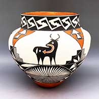 Polychrome jar with deer with heart line, feather, kiva step, fine line, and geometric design
 by Ruby Shroulote of Acoma
