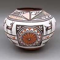 Polychrome jar with a deer-with-heart-line, medallion, bird, fine line, and geometric design
 by Bobby Silas of Hopi