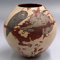 Polychrome jar with with a mixed clay body and a flowing fine line and geometric design
 by Diego Valles of Mata Ortiz and Casas Grandes