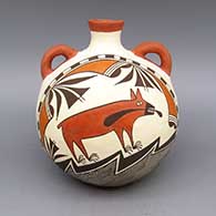 Polychrome canteen with coyote, fine line, and geometric design
 by Barbara and Joseph Cerno Sr of Acoma