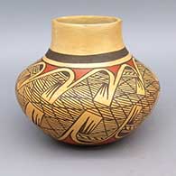 Polychrome jar with a fine line, geometric design, and fire clouds
 by Elva Nampeyo of Hopi