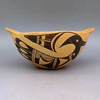 Blackonyellowwarebowlwithhandles,birddesign,andfireclouds, click or tap to see a larger version