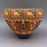 Polychrome jar with deer with heart line, snake, kiva step, and geometric design, click or tap to see a larger version