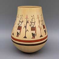 Polychrome jar with dancer, cornstalk, feather, and geometric design, includes 3rd Place ribbon from the 1996 Heritage Program Marketplace at the Museum of Northern Arizona in Flagstaff
 by Ida Sahmie of Dineh