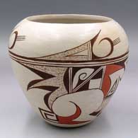 Polychrome whiteware jar with a 2-panel bird-hanging-from-sky-band motif with geometric design
 by Nancy Lewis of Hopi