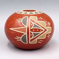 Polished polychrome seed jar with geometric design on body and around rim
 by Minnie Vigil of Santa Clara