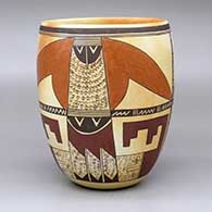 A polychrome jar with a two-panel bird element and geometric design
 by Jean Sahmie of Hopi