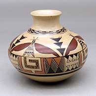 Click for a larger view A polychrome jar with a recurved neck and decorated around the body with a four-panel moth and geometric design
by Rayvin Nampeyo of Hopi