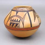 Polychrome jar with fire clouds and a four-panel painted geometric design
 by Gloria Mahle of Hopi