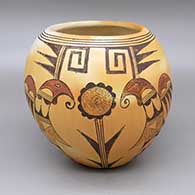 Polychrome jar with fire clouds and a two-panel bird and flower design
 by Patty Maho of Hopi