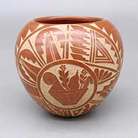 Red jar with a sgraffito bowl, ear-of-corn, flower, fruit, feather ring, kiva step, and geometric design
 by Carol Vigil of Jemez