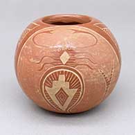 Small red jar with a sgraffito scorpion, kiva step, and geometric design
 by Corn Moquino of Santa Clara