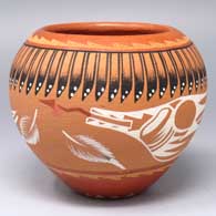 Polychrome jar with a sgraffito and painted avanyu, feather and geometric design
 by Helen Tafoya of Jemez