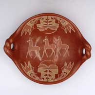 Polychrome redware serving platter with twisted handles and a deer and geometric design
 by Reycita Naranjo of Santa Clara