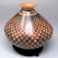 Square rim polychrome jar with a cuadrito and geometric design
 by Maria Mora of Mata Ortiz and Casas Grandes