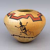 Polychrome jar with sgraffito and painted Mimbres rabbit, bird, lizard, and geometric design
 by Lawrence Namoki of Hopi