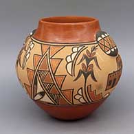 Polychrome jar with applique drum and painted pueblo, cornstalk, and geometric design
 by Bertha Gachupin of Jemez