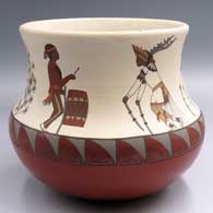 Polychrome jar with a recurved rim and painted with a drummer, deer dancer, pine tree and geometric design
 by Lois Gutierrez of Santa Clara