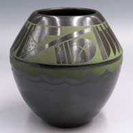 Green-on-black jar with a 4-panel geometric design
 by Martha Appleleaf of San Ildefonso