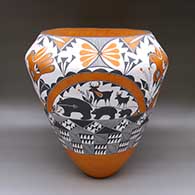 Large polychrome jar with a deer-with-heart-line, bear-with-heart-line, parrot, flower, fine line, and geometric design
 by Goldie Hayah of Acoma