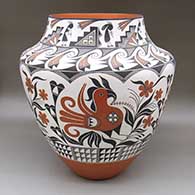 Large polychrome jar with a traditional Acoma design featuring parrot, flower, kokopelli, checkerboard, fine line, kiva step, and geometric elements
 by Goldie Hayah of Acoma