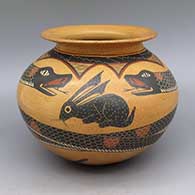 Polychrome jar with flared lip and sgraffito and painted rattlesnake, rabbit, and geometric design
 by Roberto Banuelos of Mata Ortiz and Casas Grandes