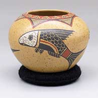 A polychrome jar with a three-panel fish and geometric design
 by Roberto Banuelos of Mata Ortiz and Casas Grandes
