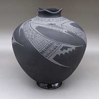 Black-on-black jar with a flared square opening, a painted geometric design, and a polished stand
 by Betty Quezada of Mata Ortiz and Casas Grandes