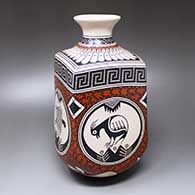 A square polychrome jar decorated with multiple Mimbres and geometric designs
 by Luiz Martinez of Mata Ortiz and Casas Grandes