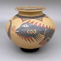 Polychrome jar with a flared opening and a sgraffito and painted iguana and geometric design
 by Roberto Banuelos of Mata Ortiz and Casas Grandes