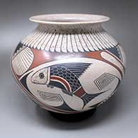 A polychrome jar with a rolled lip decorated with a band of feathers and a three-panel Mimbres fish and geometric design
 by Roberto Banuelos of Mata Ortiz and Casas Grandes